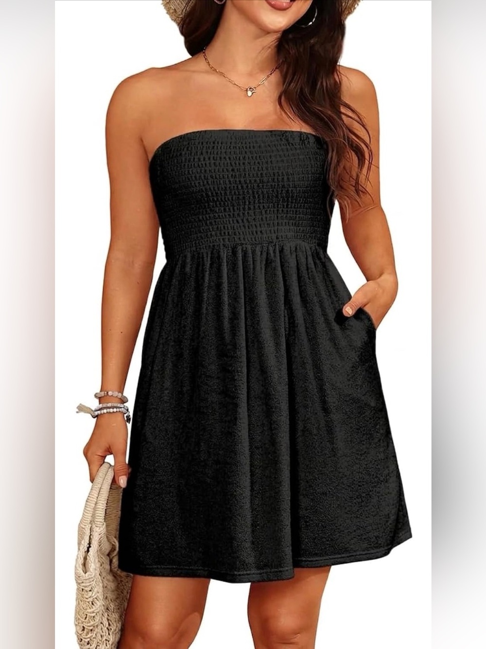 Yonique Black Strapless Smocked Swim Cover Up Dress XL